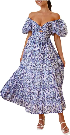 Women's Summer Boho Floral Print Long Dresses Square Neck Ruffle Short Sleeve Swing Beach Maxi Dress for Spring
