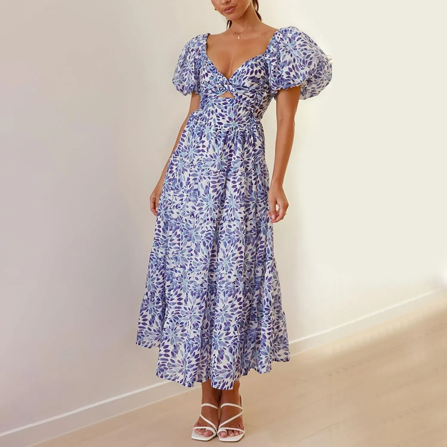 Women's Summer Boho Floral Print Long Dresses Square Neck Ruffle Short Sleeve Swing Beach Maxi Dress for Spring