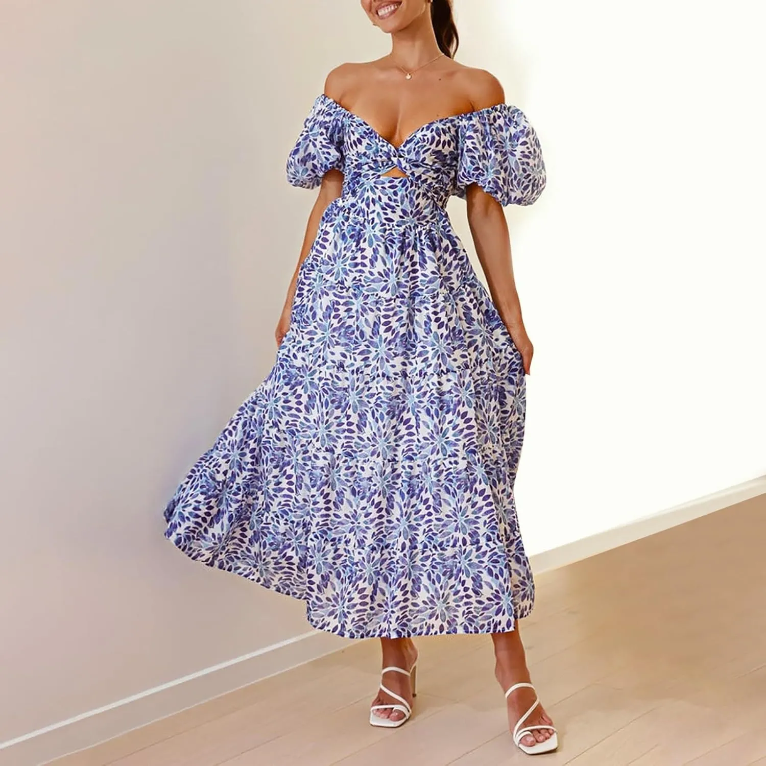 Women's Summer Boho Floral Print Long Dresses Square Neck Ruffle Short Sleeve Swing Beach Maxi Dress for Spring