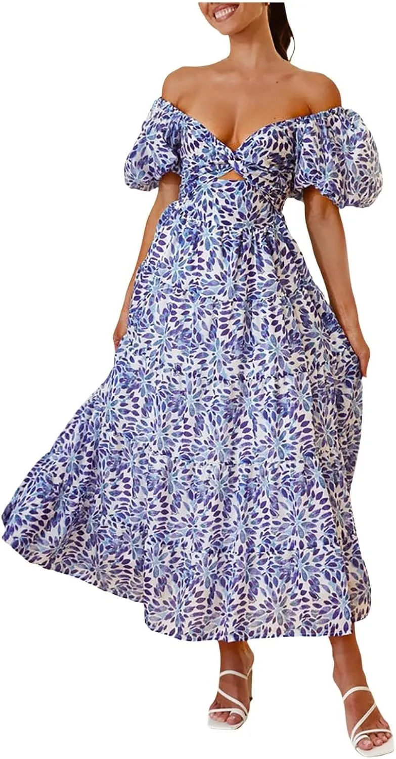 Women's Summer Boho Floral Print Long Dresses Square Neck Ruffle Short Sleeve Swing Beach Maxi Dress for Spring