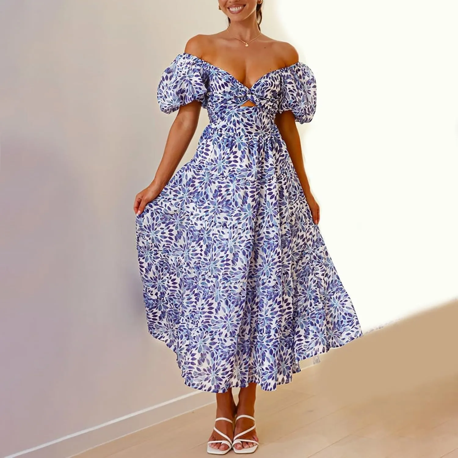 Women's Summer Boho Floral Print Long Dresses Square Neck Ruffle Short Sleeve Swing Beach Maxi Dress for Spring