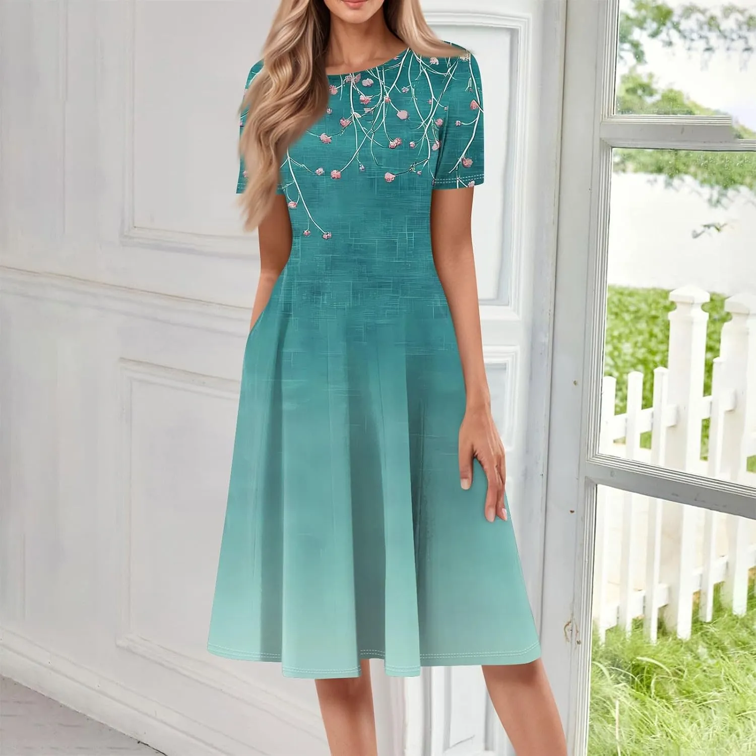 Women's Summer Casual Loose Trendy Beach Dress V-Neck Short Sleeve Floral Print Maxi Dresses, S-3XL