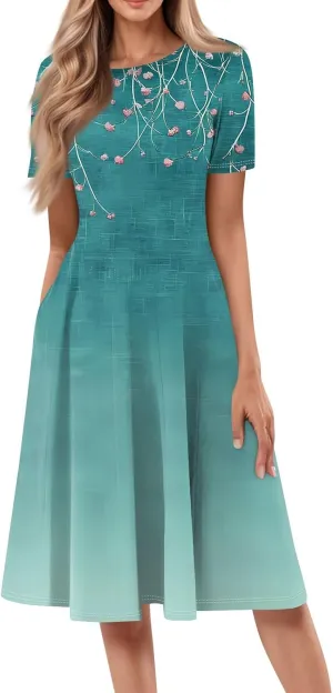 Women's Summer Casual Loose Trendy Beach Dress V-Neck Short Sleeve Floral Print Maxi Dresses, S-3XL