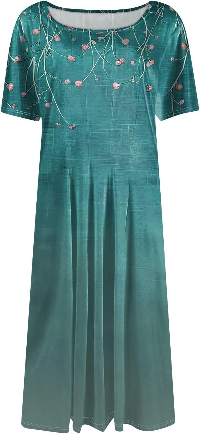 Women's Summer Casual Loose Trendy Beach Dress V-Neck Short Sleeve Floral Print Maxi Dresses, S-3XL