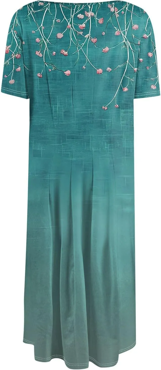 Women's Summer Casual Loose Trendy Beach Dress V-Neck Short Sleeve Floral Print Maxi Dresses, S-3XL