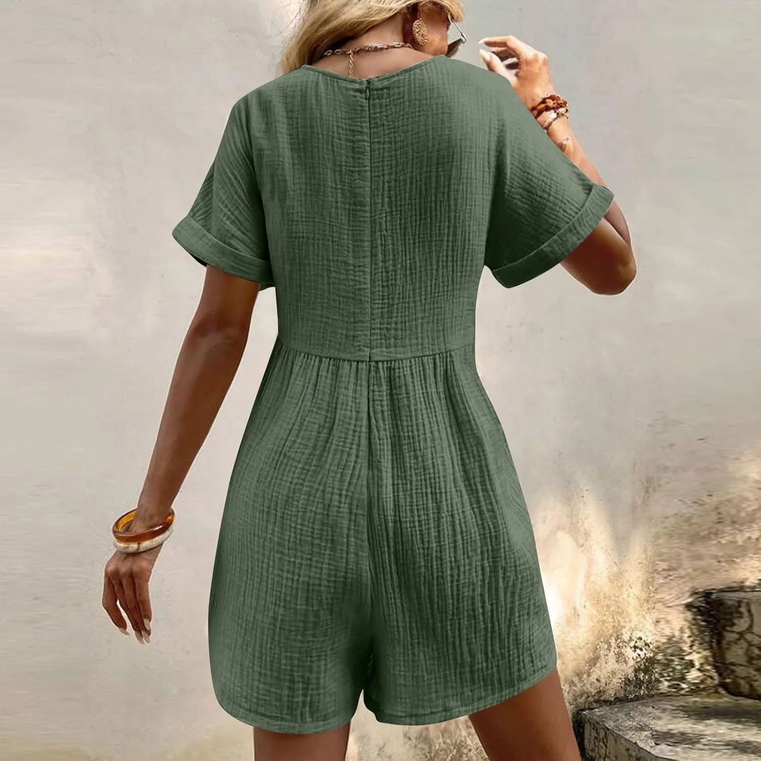 Women's Summer Casual Rompers Short Sleeve V Neck Loose Fit overalls Trendy One Piece Jumpsuit Shorts With Pockets