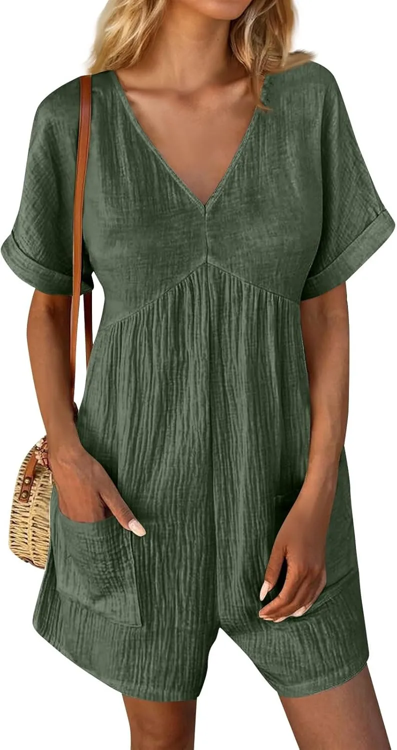 Women's Summer Casual Rompers Short Sleeve V Neck Loose Fit overalls Trendy One Piece Jumpsuit Shorts With Pockets