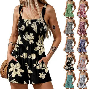 Women's Summer Casual Smocked Rompers Square Neck Sleeveless Loose Shorts Jumpsuits 2025 Beach Vacation Outfits