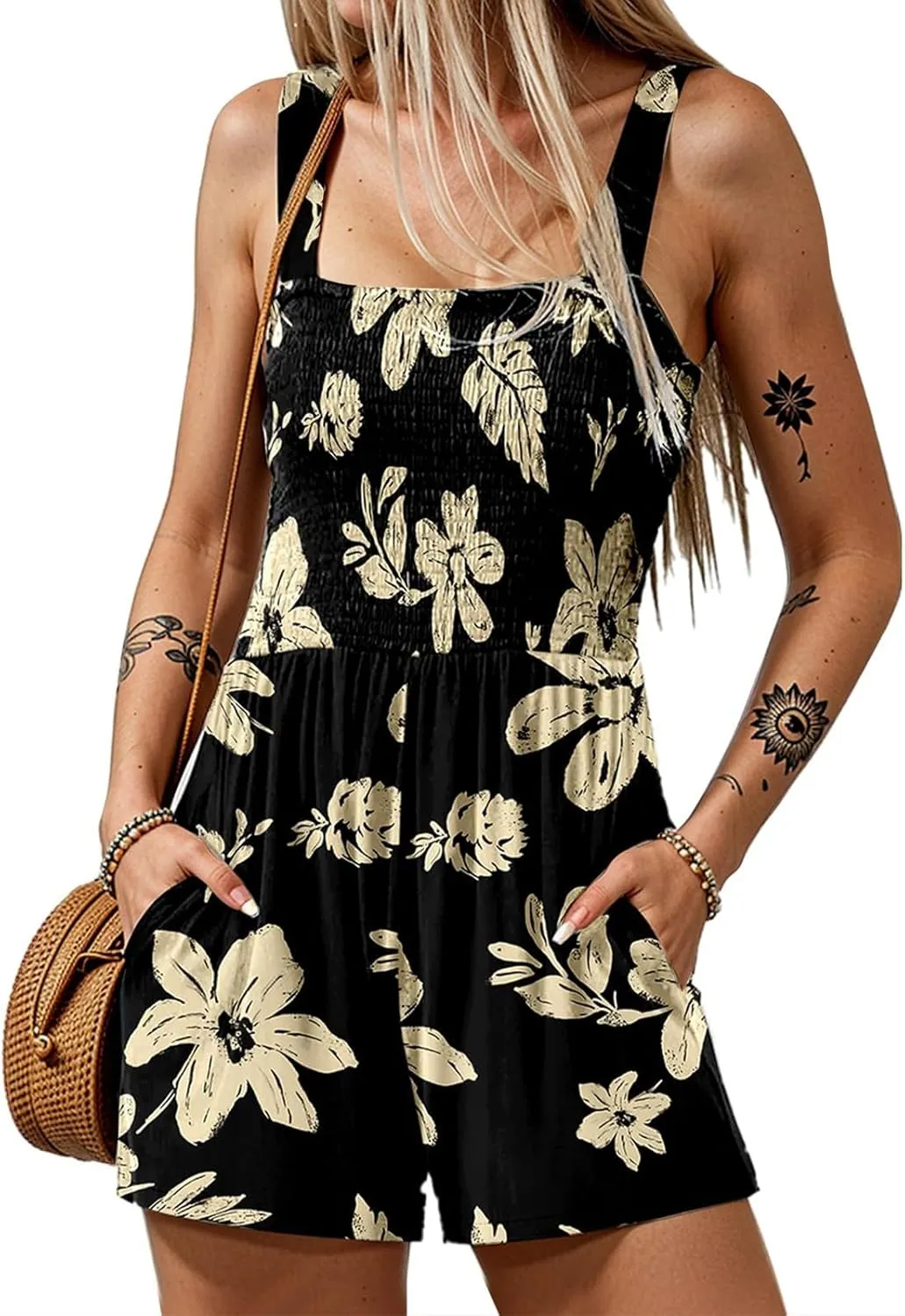Women's Summer Casual Smocked Rompers Square Neck Sleeveless Loose Shorts Jumpsuits 2025 Beach Vacation Outfits