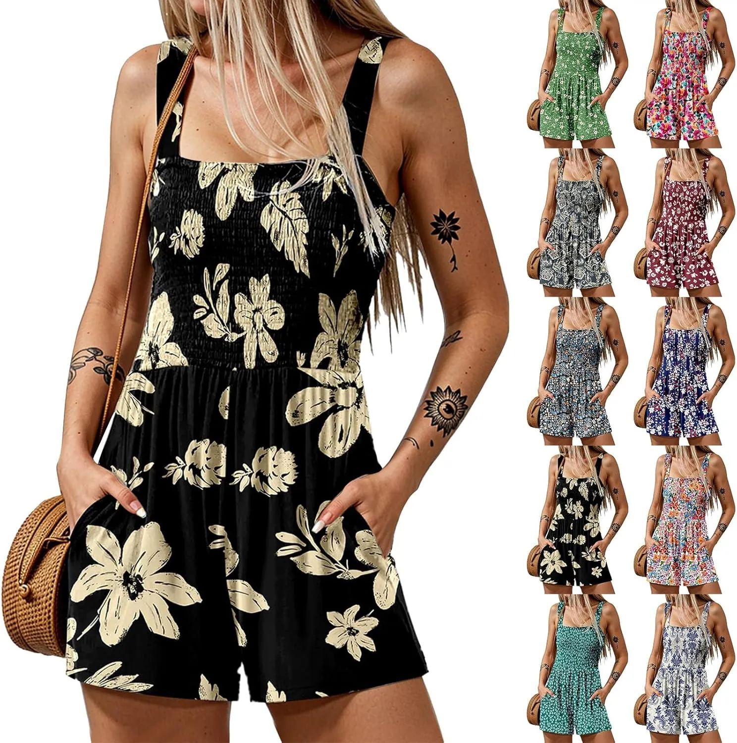 Women's Summer Casual Smocked Rompers Square Neck Sleeveless Loose Shorts Jumpsuits 2025 Beach Vacation Outfits