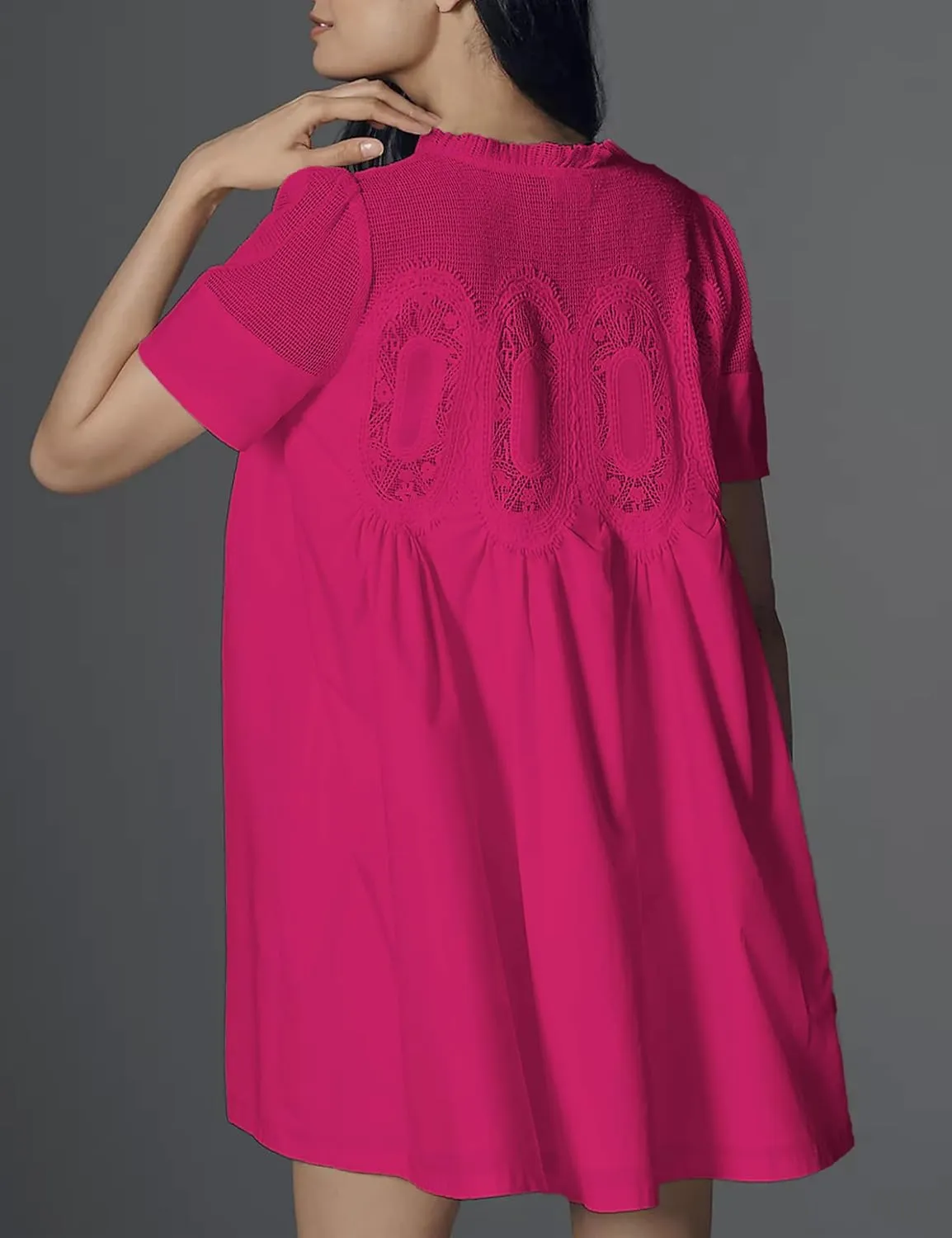 Womens Summer Lace Mini Babydoll Dress Ruffled Collar Short Sleeve Loose Mesh Swing Elegant Flared Sundress