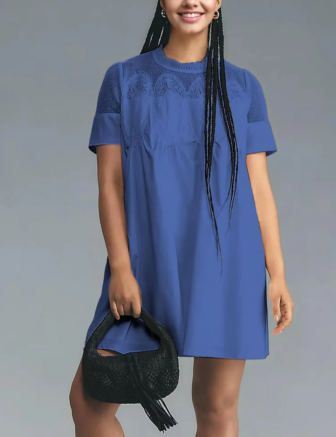 Womens Summer Lace Mini Babydoll Dress Ruffled Collar Short Sleeve Loose Mesh Swing Elegant Flared Sundress