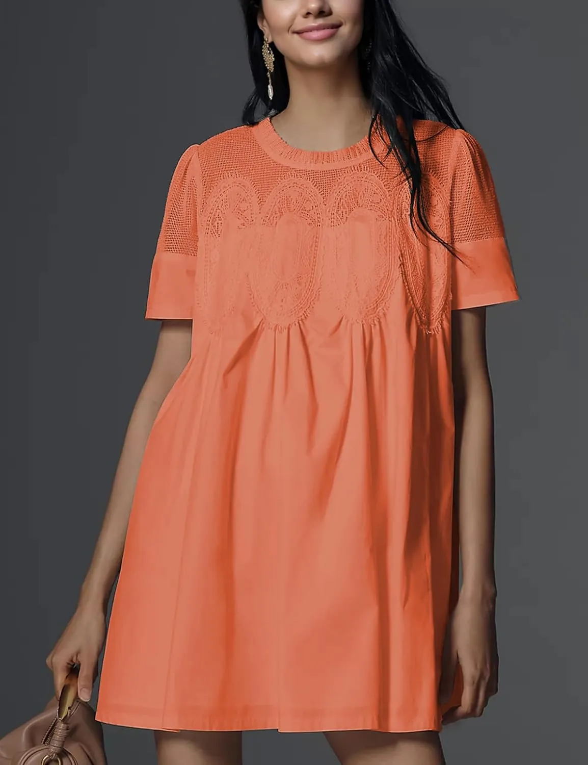 Womens Summer Lace Mini Babydoll Dress Ruffled Collar Short Sleeve Loose Mesh Swing Elegant Flared Sundress