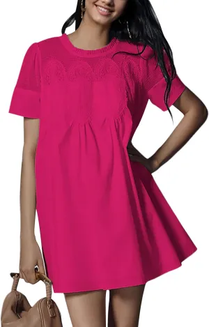 Womens Summer Lace Mini Babydoll Dress Ruffled Collar Short Sleeve Loose Mesh Swing Elegant Flared Sundress