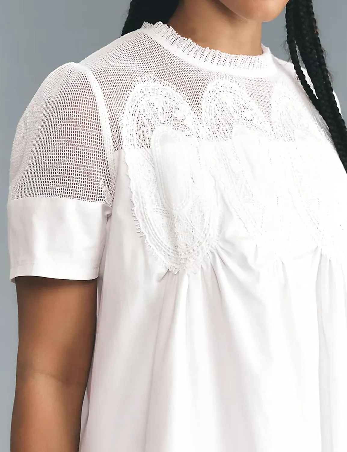 Womens Summer Lace Mini Babydoll Dress Ruffled Collar Short Sleeve Loose Mesh Swing Elegant Flared Sundress