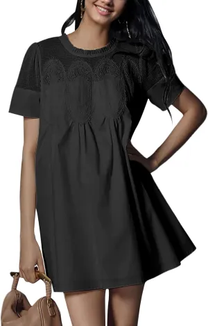 Womens Summer Lace Mini Babydoll Dress Ruffled Collar Short Sleeve Loose Mesh Swing Elegant Flared Sundress