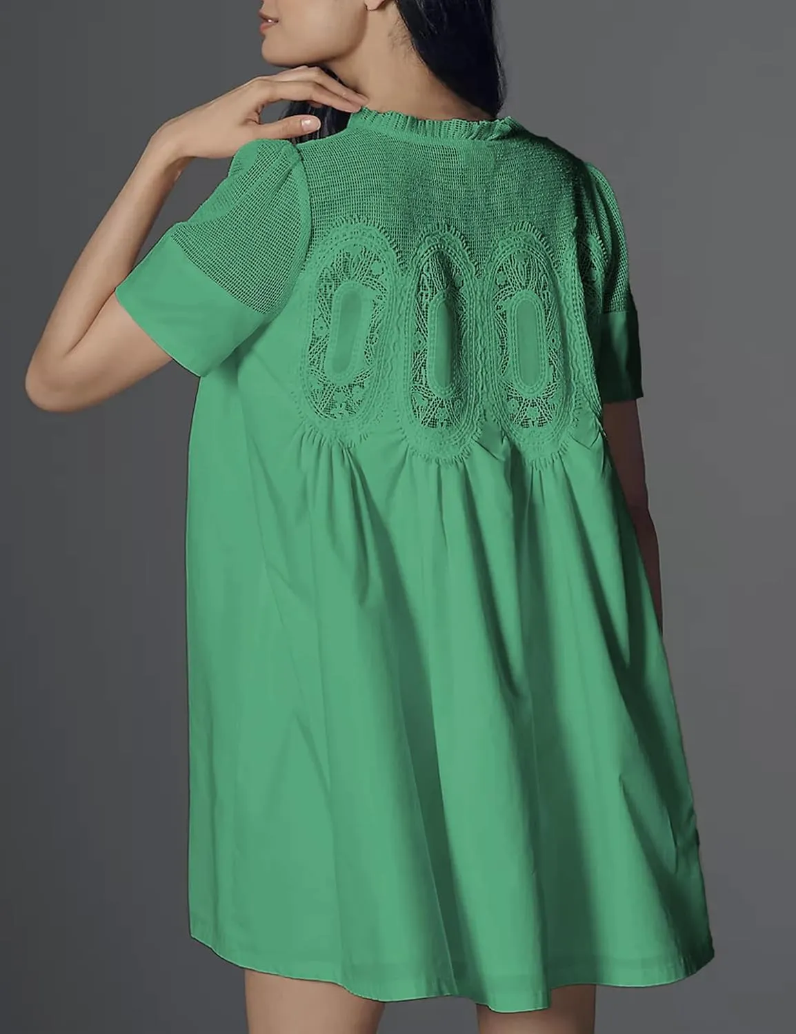 Womens Summer Lace Mini Babydoll Dress Ruffled Collar Short Sleeve Loose Mesh Swing Elegant Flared Sundress