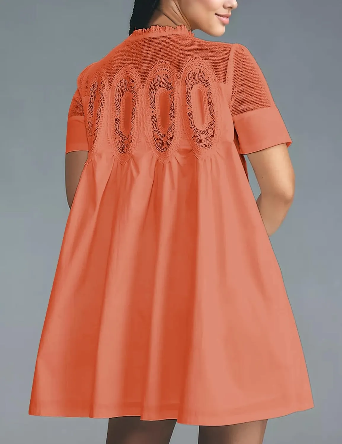 Womens Summer Lace Mini Babydoll Dress Ruffled Collar Short Sleeve Loose Mesh Swing Elegant Flared Sundress