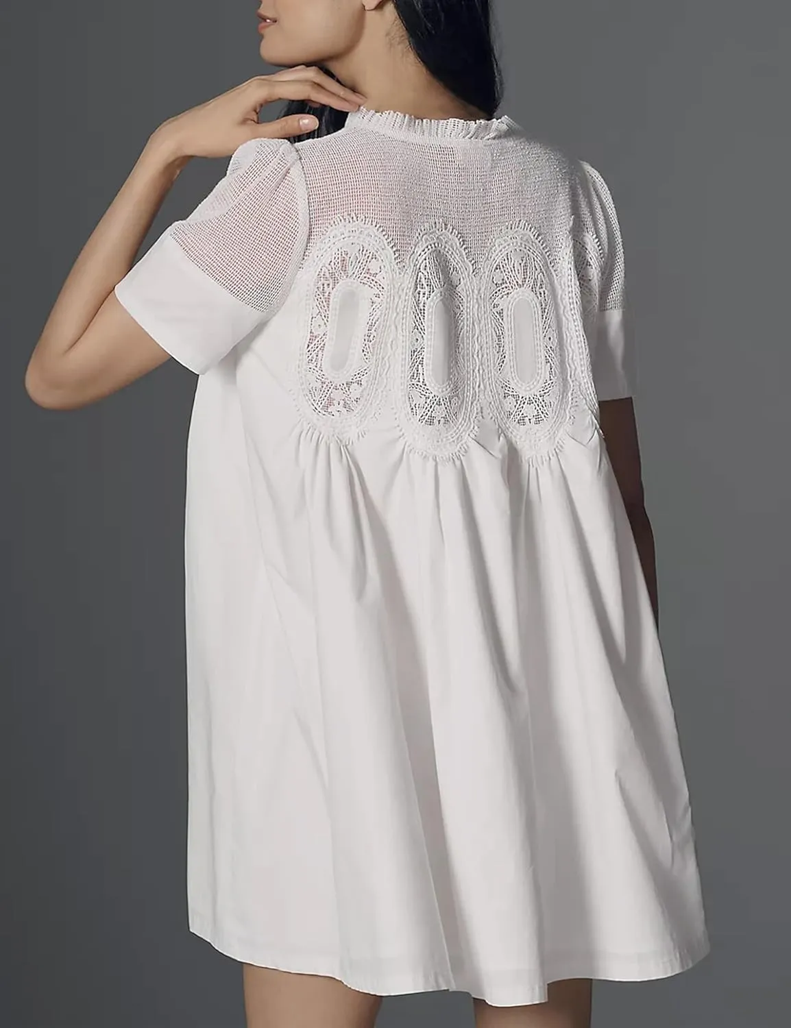 Womens Summer Lace Mini Babydoll Dress Ruffled Collar Short Sleeve Loose Mesh Swing Elegant Flared Sundress