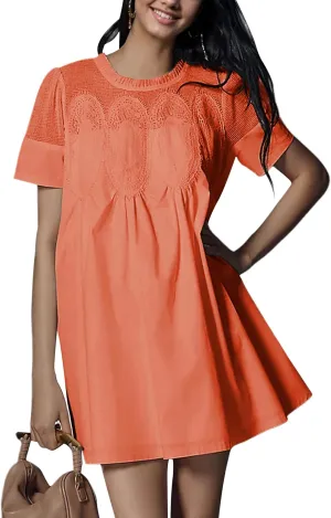 Womens Summer Lace Mini Babydoll Dress Ruffled Collar Short Sleeve Loose Mesh Swing Elegant Flared Sundress