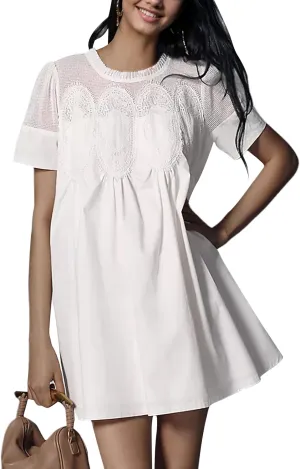 Womens Summer Lace Mini Babydoll Dress Ruffled Collar Short Sleeve Loose Mesh Swing Elegant Flared Sundress