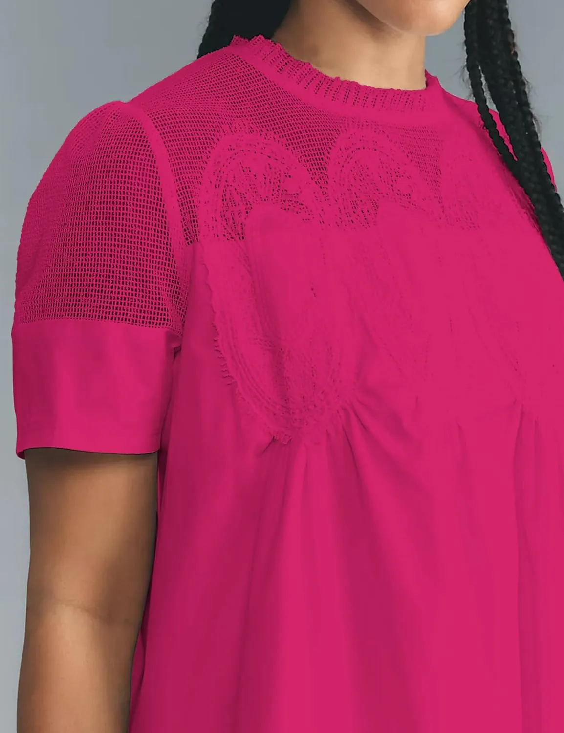 Womens Summer Lace Mini Babydoll Dress Ruffled Collar Short Sleeve Loose Mesh Swing Elegant Flared Sundress