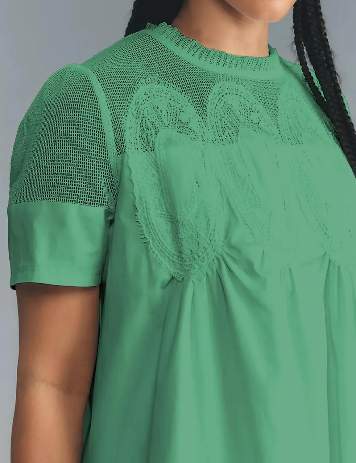 Womens Summer Lace Mini Babydoll Dress Ruffled Collar Short Sleeve Loose Mesh Swing Elegant Flared Sundress