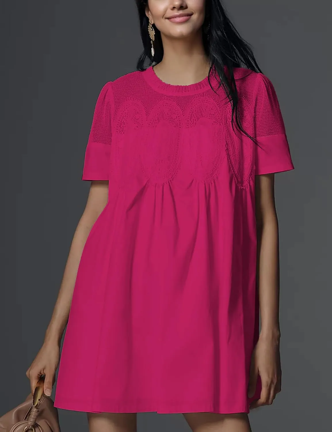 Womens Summer Lace Mini Babydoll Dress Ruffled Collar Short Sleeve Loose Mesh Swing Elegant Flared Sundress