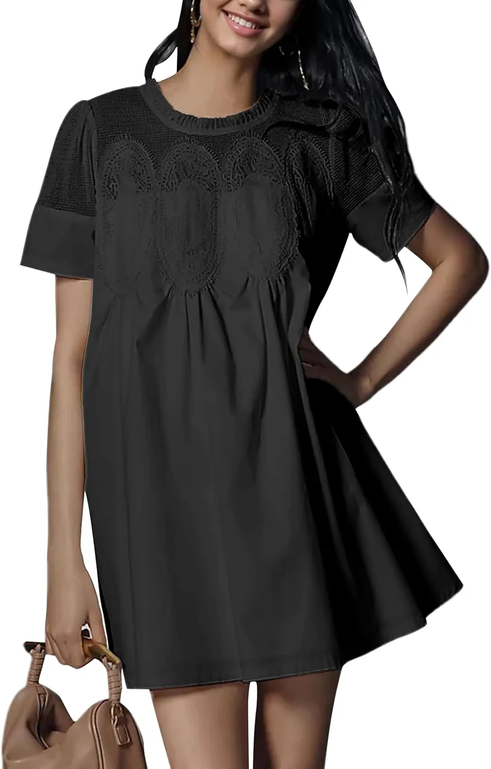 Womens Summer Lace Mini Babydoll Dress Ruffled Collar Short Sleeve Loose Mesh Swing Elegant Flared Sundress