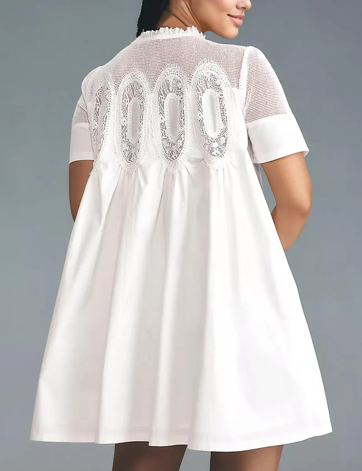 Womens Summer Lace Mini Babydoll Dress Ruffled Collar Short Sleeve Loose Mesh Swing Elegant Flared Sundress