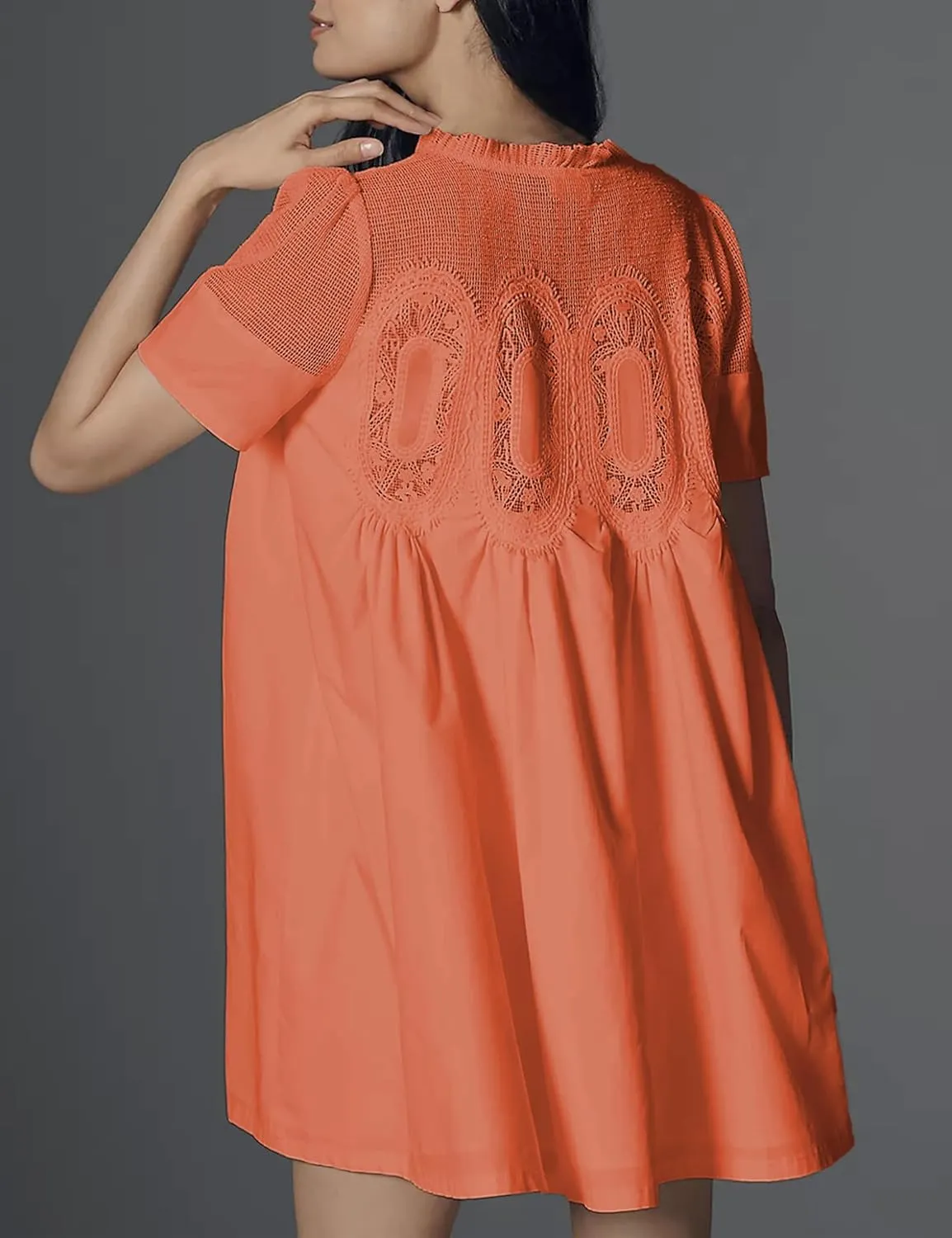 Womens Summer Lace Mini Babydoll Dress Ruffled Collar Short Sleeve Loose Mesh Swing Elegant Flared Sundress