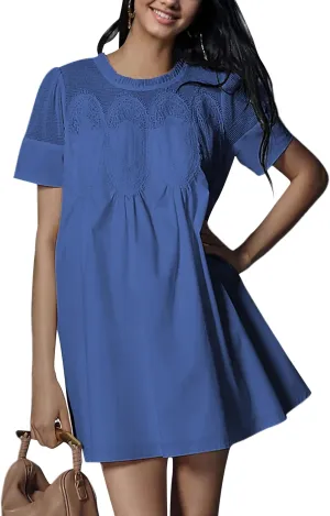 Womens Summer Lace Mini Babydoll Dress Ruffled Collar Short Sleeve Loose Mesh Swing Elegant Flared Sundress