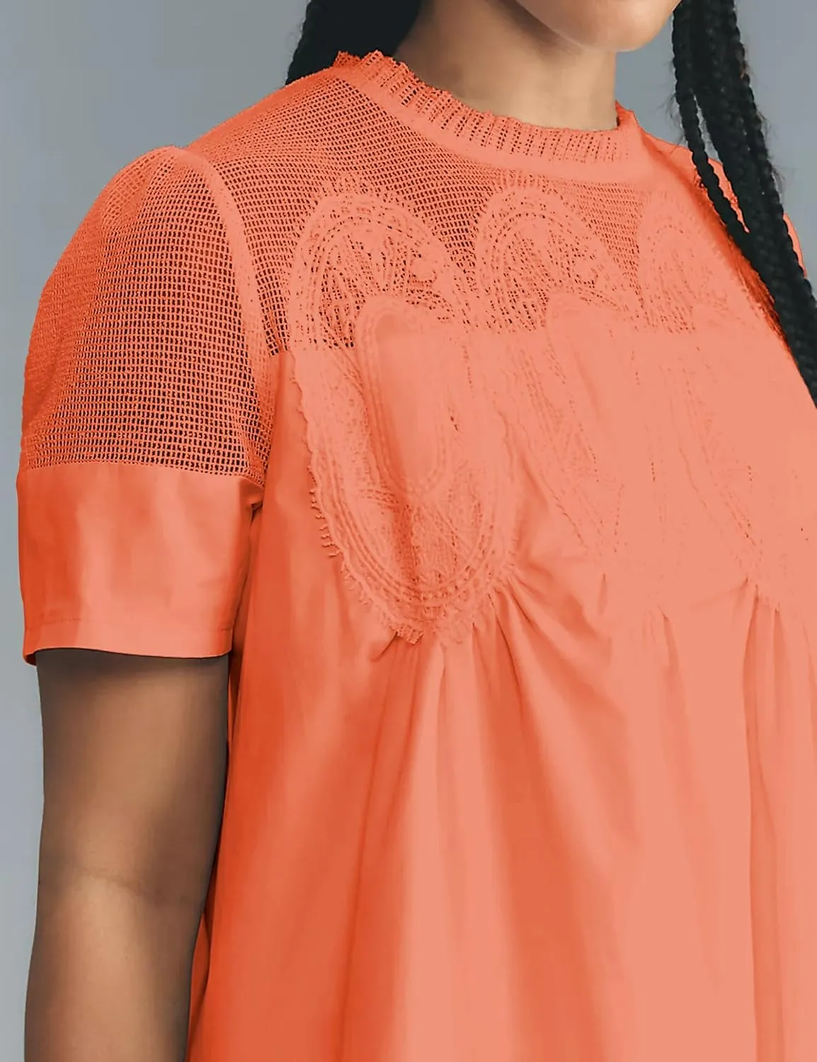Womens Summer Lace Mini Babydoll Dress Ruffled Collar Short Sleeve Loose Mesh Swing Elegant Flared Sundress