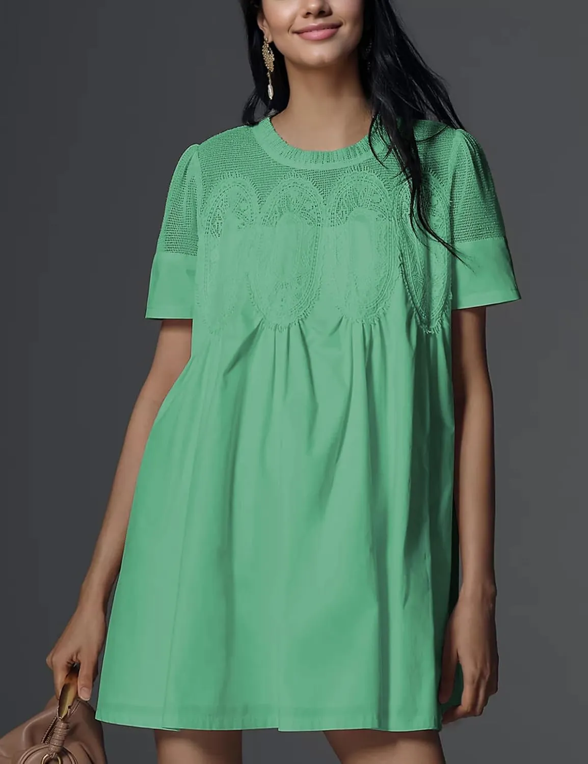 Womens Summer Lace Mini Babydoll Dress Ruffled Collar Short Sleeve Loose Mesh Swing Elegant Flared Sundress