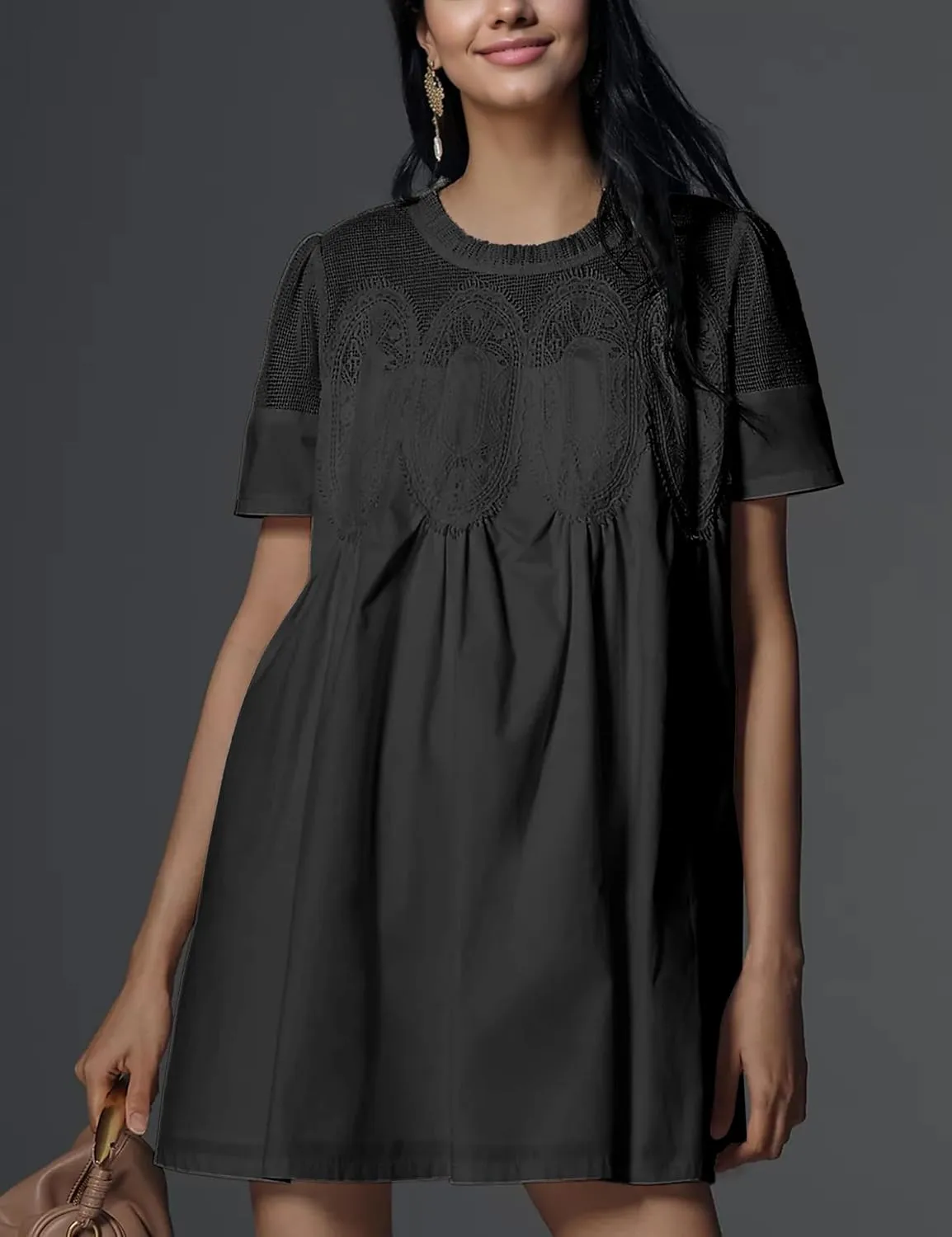 Womens Summer Lace Mini Babydoll Dress Ruffled Collar Short Sleeve Loose Mesh Swing Elegant Flared Sundress