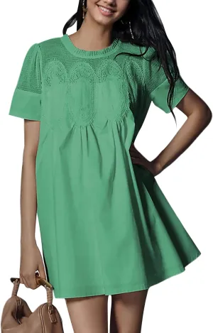 Womens Summer Lace Mini Babydoll Dress Ruffled Collar Short Sleeve Loose Mesh Swing Elegant Flared Sundress