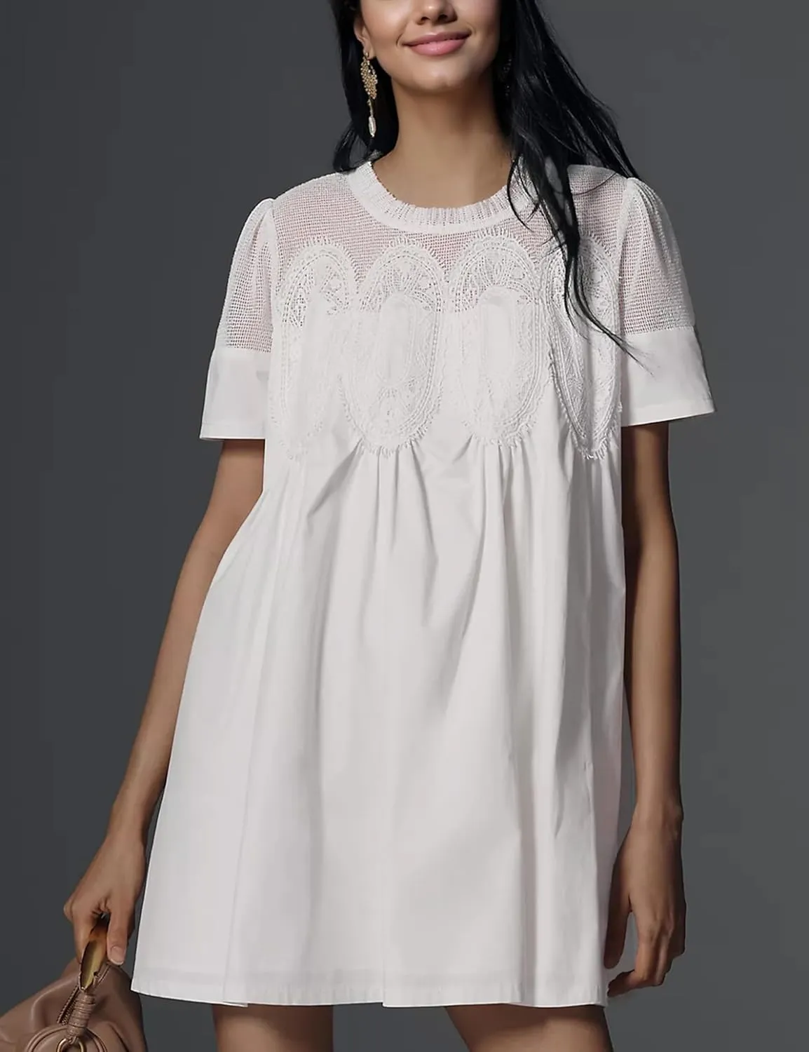 Womens Summer Lace Mini Babydoll Dress Ruffled Collar Short Sleeve Loose Mesh Swing Elegant Flared Sundress