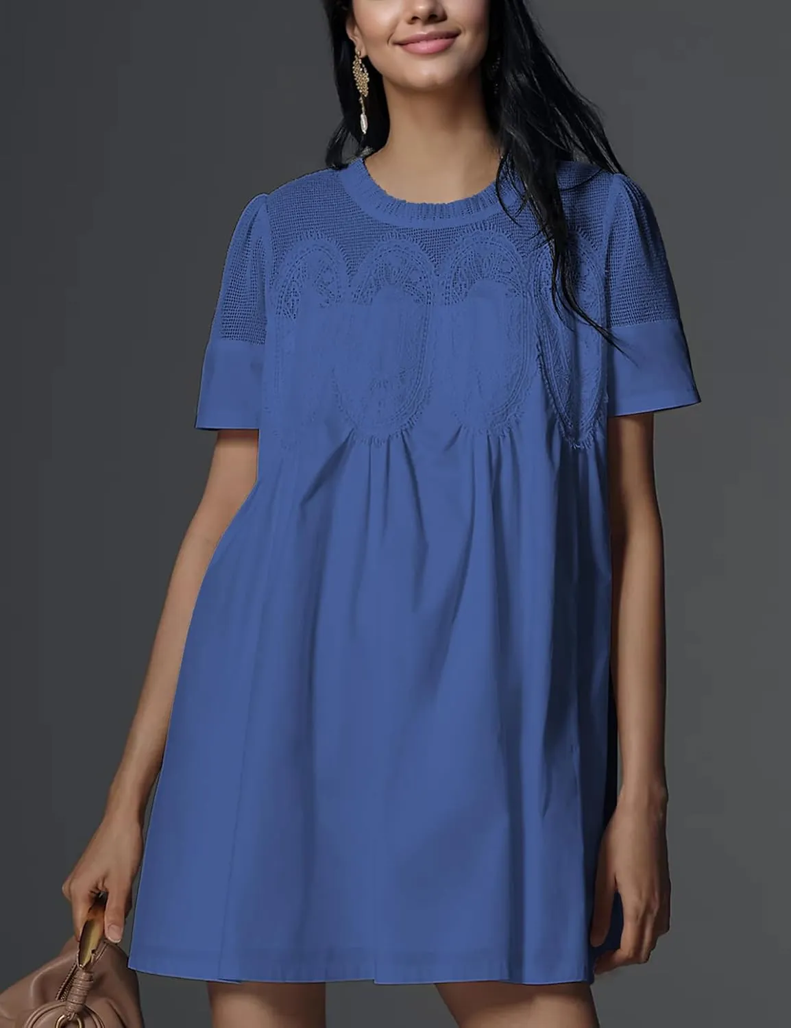 Womens Summer Lace Mini Babydoll Dress Ruffled Collar Short Sleeve Loose Mesh Swing Elegant Flared Sundress