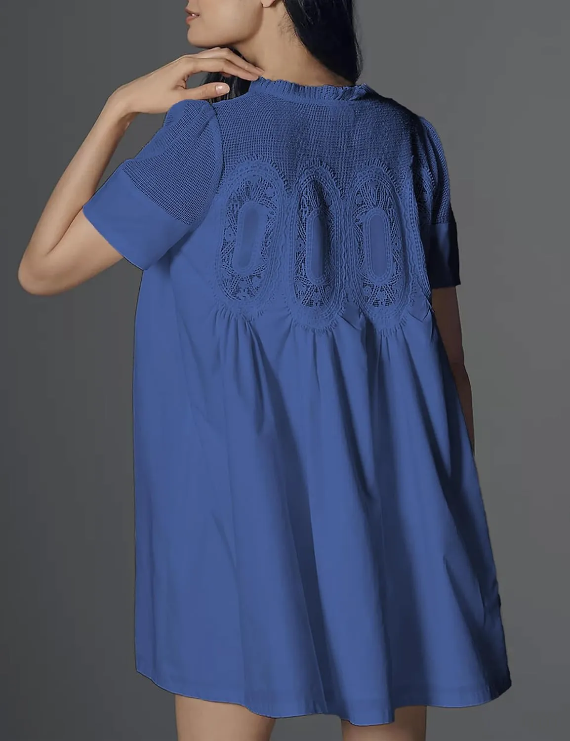Womens Summer Lace Mini Babydoll Dress Ruffled Collar Short Sleeve Loose Mesh Swing Elegant Flared Sundress