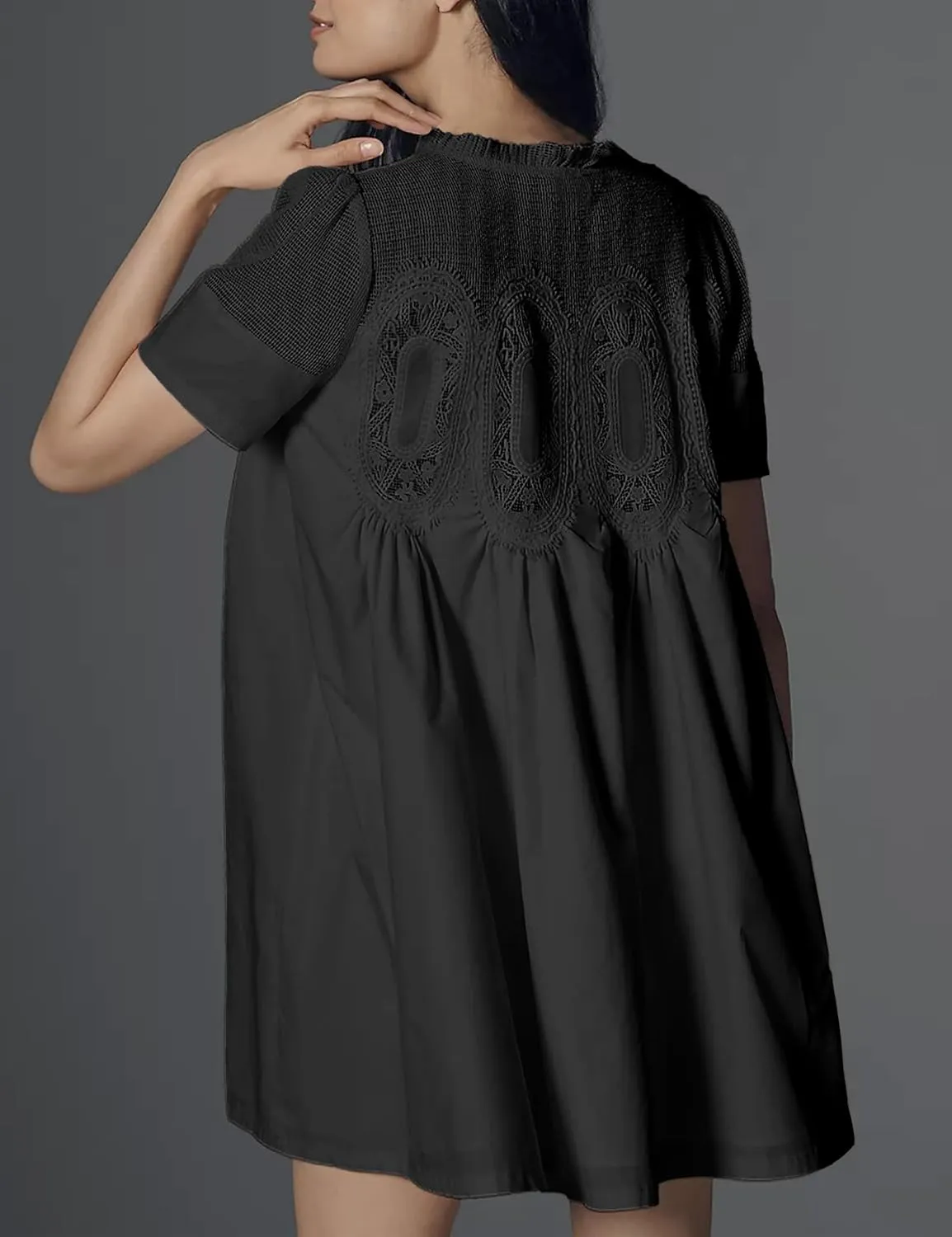 Womens Summer Lace Mini Babydoll Dress Ruffled Collar Short Sleeve Loose Mesh Swing Elegant Flared Sundress