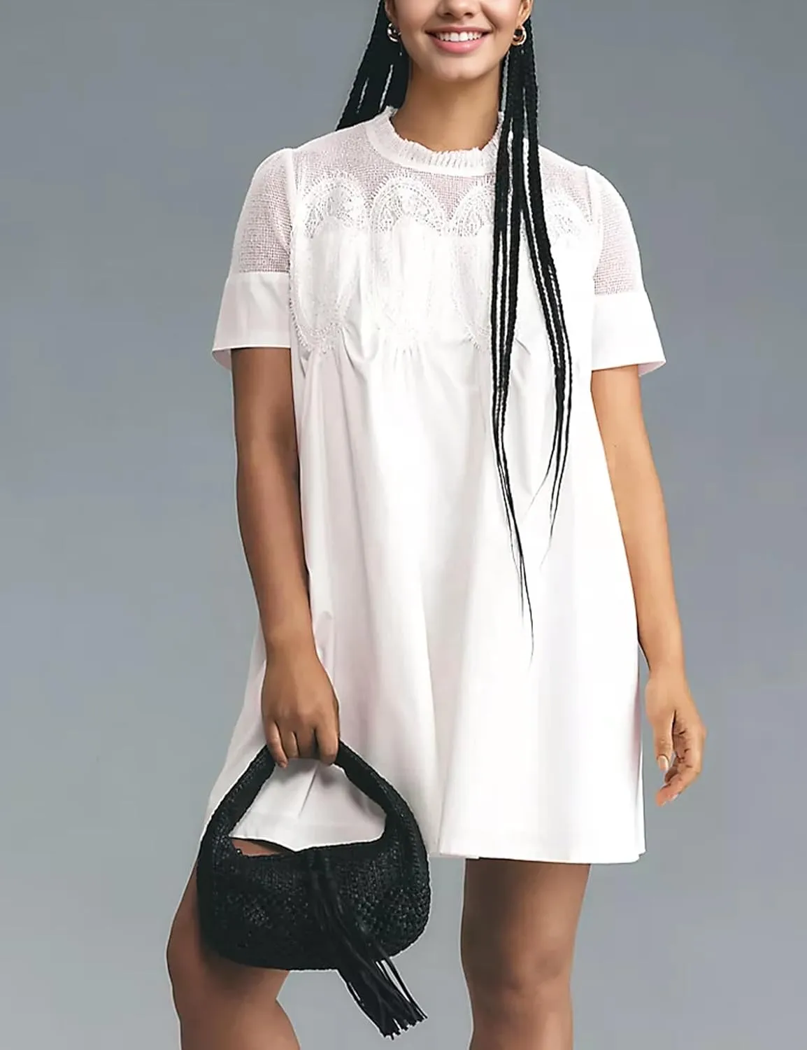 Womens Summer Lace Mini Babydoll Dress Ruffled Collar Short Sleeve Loose Mesh Swing Elegant Flared Sundress
