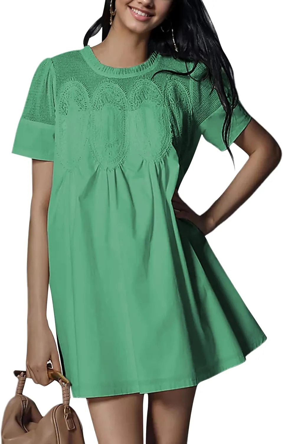 Womens Summer Lace Mini Babydoll Dress Ruffled Collar Short Sleeve Loose Mesh Swing Elegant Flared Sundress