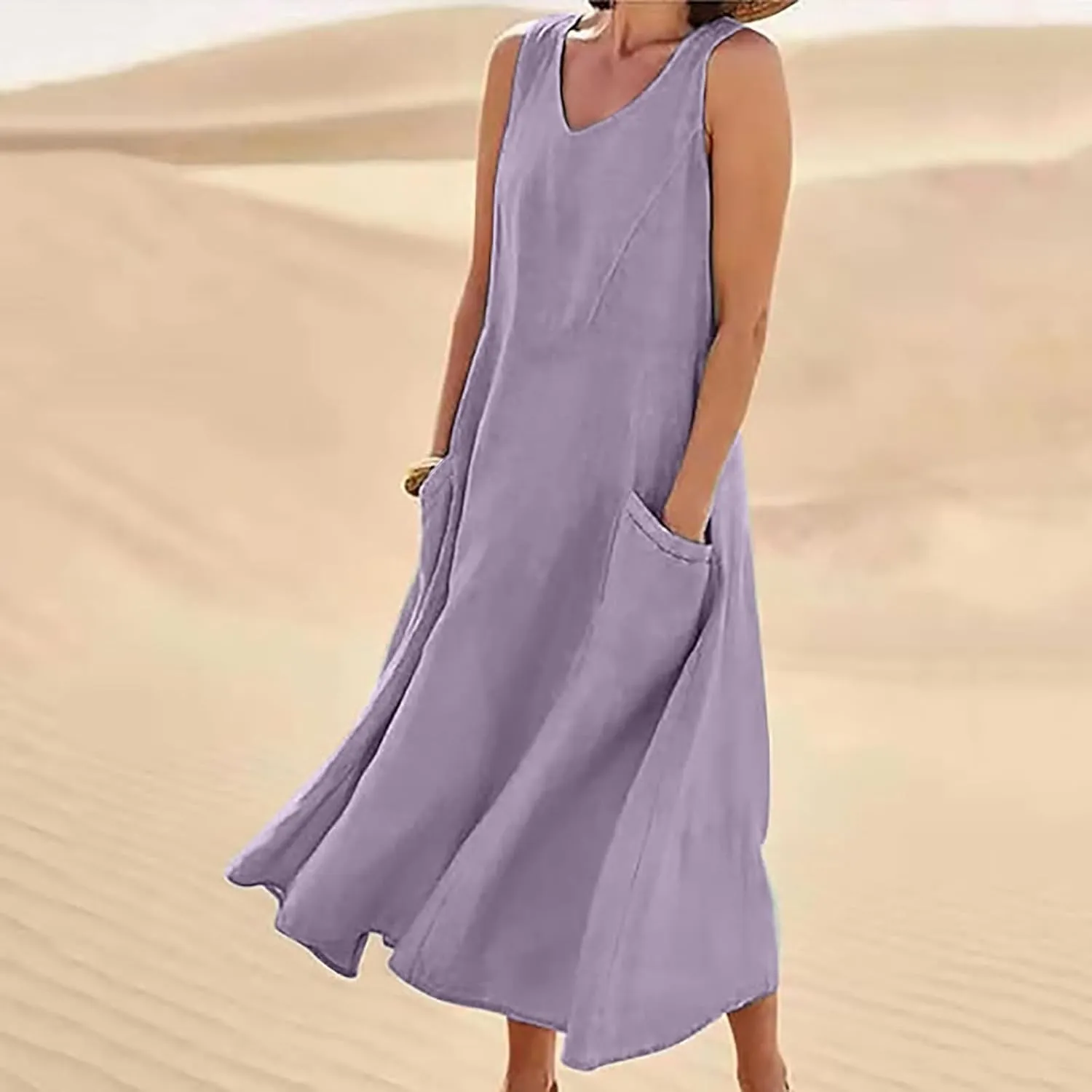 Womens Summer Linen Dress Sleeveless Elegant Flowy 2025 New Dresses Plus Size Loose Comfy Long Skirt with Pockets
