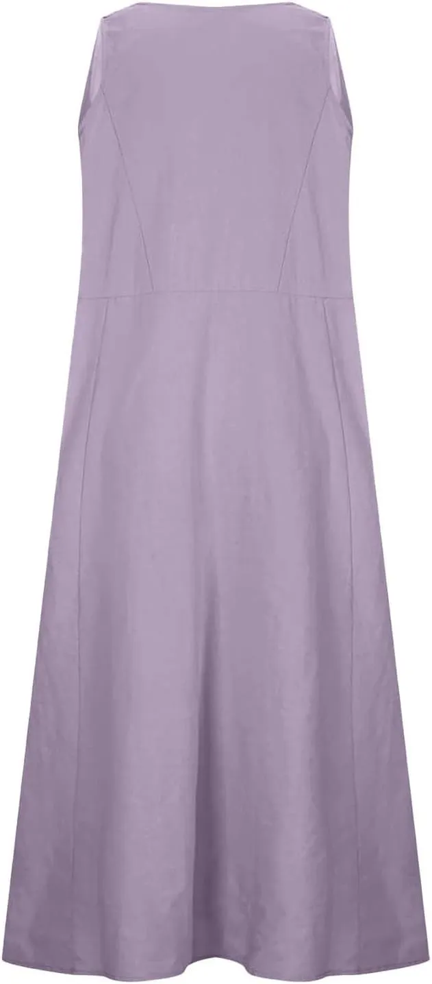 Womens Summer Linen Dress Sleeveless Elegant Flowy 2025 New Dresses Plus Size Loose Comfy Long Skirt with Pockets