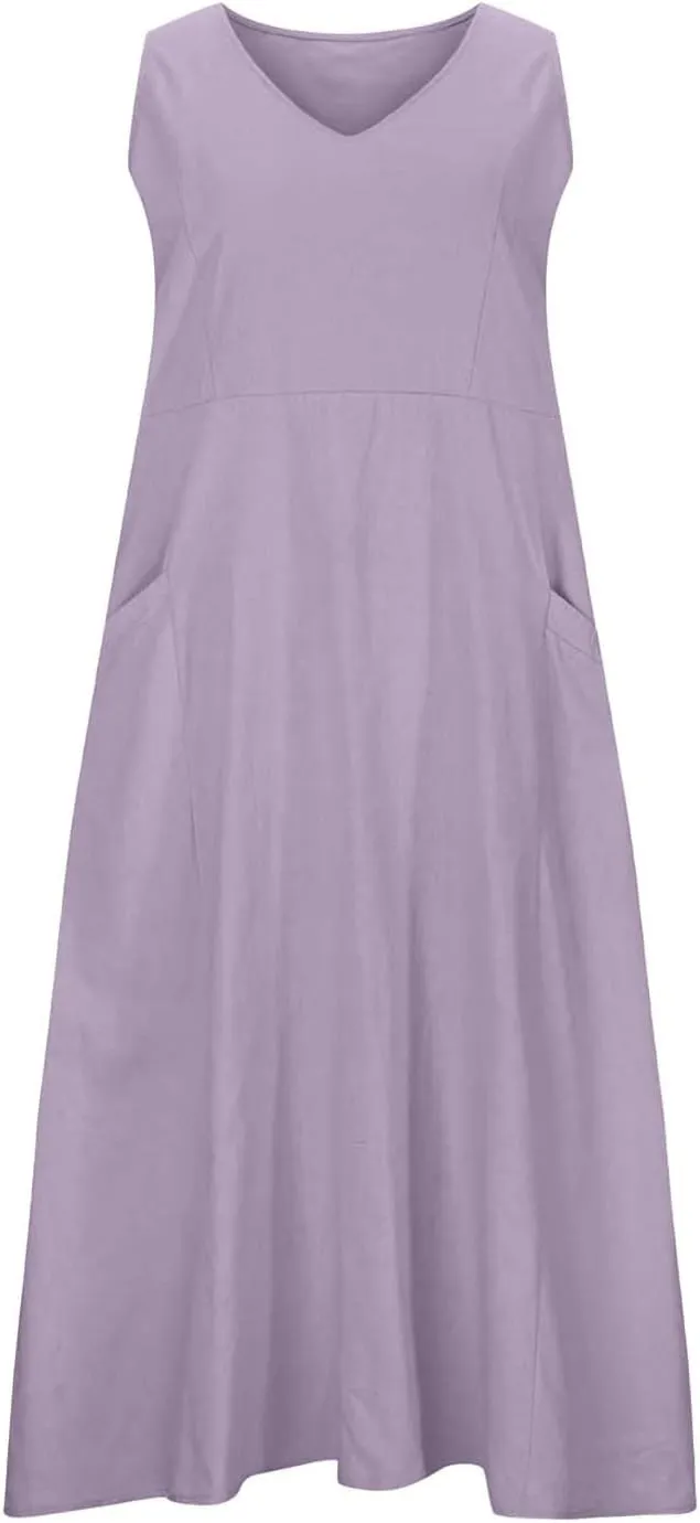 Womens Summer Linen Dress Sleeveless Elegant Flowy 2025 New Dresses Plus Size Loose Comfy Long Skirt with Pockets