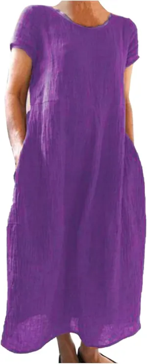 Women's Summer Short Sleeve Maxi Dress 2025 Casual V Neck Solid High Waist A-Line Flowy Loose Boho Long Dresses