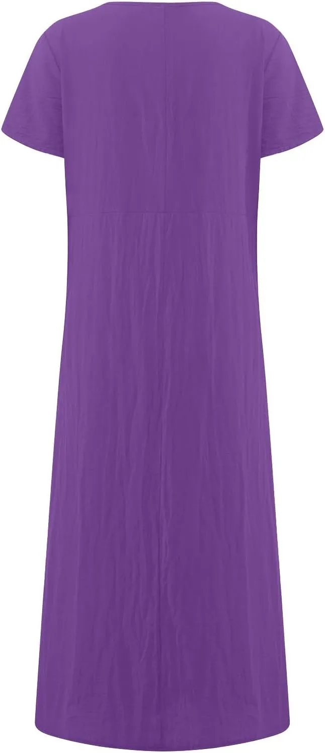 Women's Summer Short Sleeve Maxi Dress 2025 Casual V Neck Solid High Waist A-Line Flowy Loose Boho Long Dresses