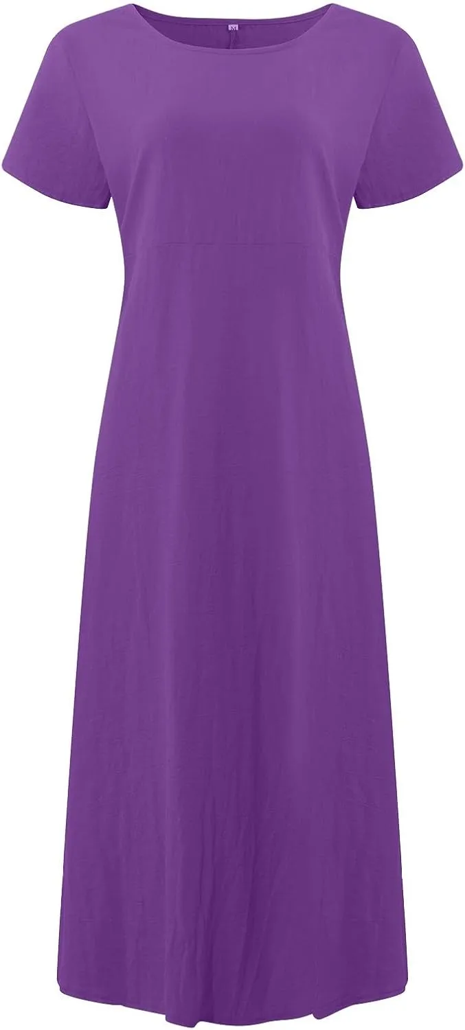 Women's Summer Short Sleeve Maxi Dress 2025 Casual V Neck Solid High Waist A-Line Flowy Loose Boho Long Dresses