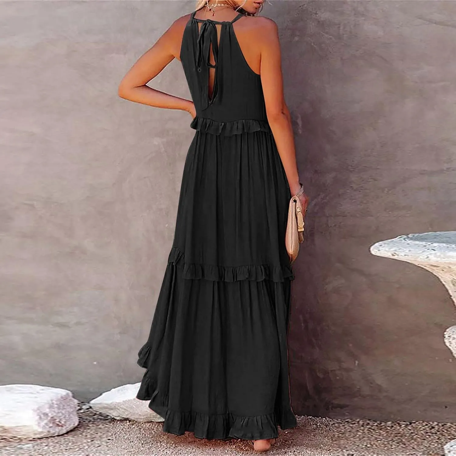 Women's Summer Sleeveless Halter Neck Ruffle Tiered Layed Chiffon Flowy Swing Long Midi Dress Ruffles Casual Boho Maxi Dress