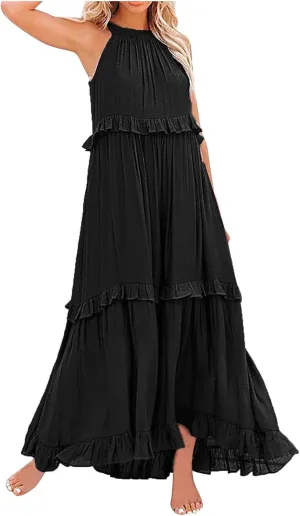 Women's Summer Sleeveless Halter Neck Ruffle Tiered Layed Chiffon Flowy Swing Long Midi Dress Ruffles Casual Boho Maxi Dress